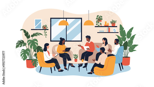 Diverse group of people sits in a circle for a supportive group therapy session or a community discussion in a cozy modern room.