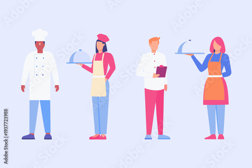 Four restaurant staff members illustrated in a flat modern style