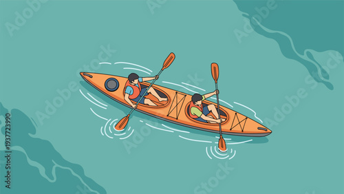 High angle view shows two people wearing life jackets paddling an orange kayak together across the calm green water of a river.