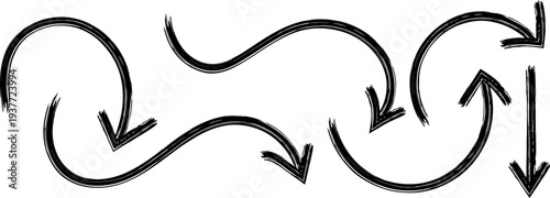 A collection of hand drawn black arrows in various curved and angled orientations suggesting direction and movement high quality professional detailed modern elegant