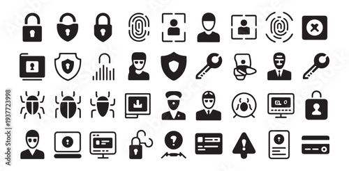 Large collection of security protection and technology icons black filled symbols vector illustration set