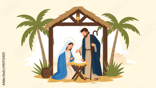 Serene nativity scene illustration features Mary, Joseph, and baby Jesus in a humble stable under a bright star in Bethlehem.