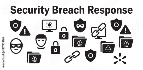 Security breach response icons set including cyber threat data protection hacker warning symbols