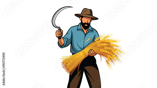 Traditional farmer with a beard and a hat harvests a large bundle of golden wheat using a sharp sickle in an open field.