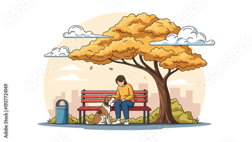 Caring person sits on a red park bench and pets a loyal dog under the shade of a large tree with golden autumn leaves.