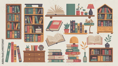 Colorful illustration of bookshelves and books with decorative items on a beige background