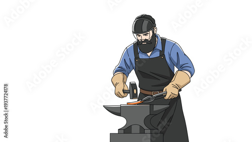 Strong blacksmith with a beard wearing protective gear hammers a piece of red-hot metal on a heavy anvil in a workshop.