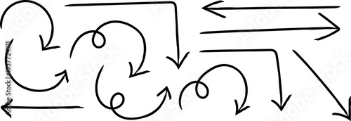 A collection of various black hand drawn arrow and swirl shapes indicating direction movement or flow on a white background high quality professional