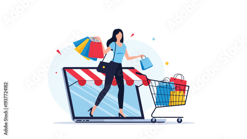 Young woman holding colorful shopping bags and walking out of a laptop screen with a shopping cart full of packages.