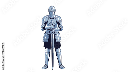 Medieval knight standing proudly in a full suit of shiny steel armor and holding a large sword pointing towards the ground.