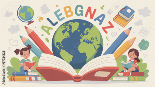 Two young girls studying with globe and books surrounded by colorful pencils and educational icons