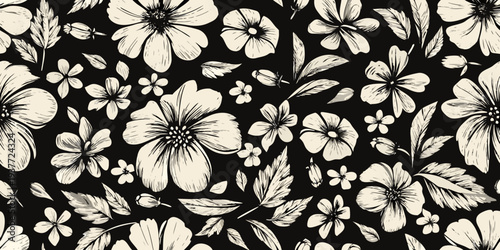 Elegant floral pattern featuring sketched flowers and leaves on black
