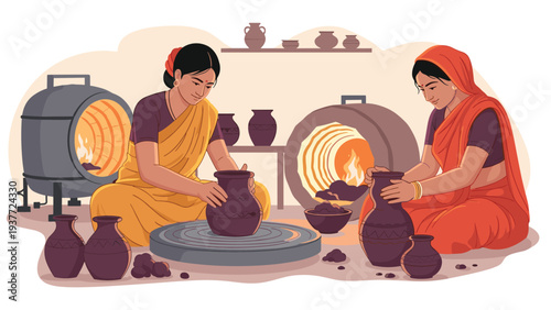 Two traditional Indian women in colorful saris sitting on the ground and skillfully shaping clay pots on a pottery wheel.
