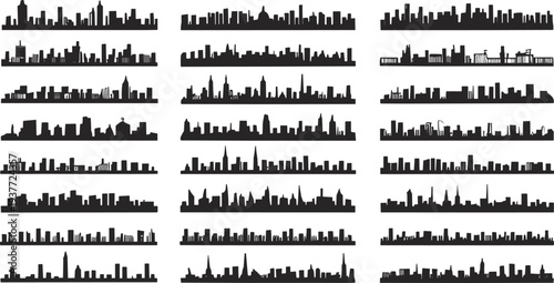 Collection of twenty‑four unique black city skyline silhouettes arranged in grid, showcasing diverse global architecture, towers, domes, and skyscrapers