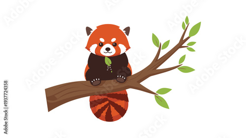 Adorable red panda sitting on a tree branch with green leaves and holding a small leaf in its paws against a white background.