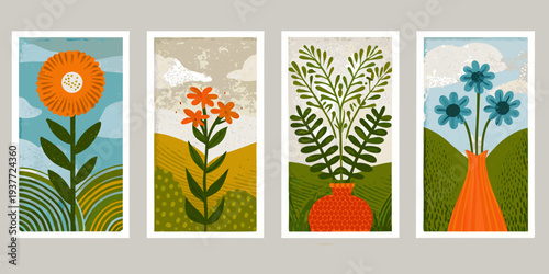 Four botanical wall art panels featuring stylized floral and plant designs