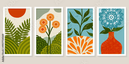 Four botanical art prints with mid century modern inspired floral designs