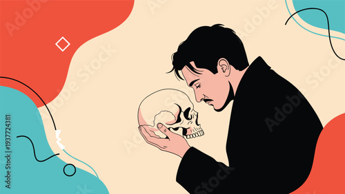 Dramatic illustration of a man in black clothing holding a human skull and looking at it thoughtfully in a theatrical scene.
