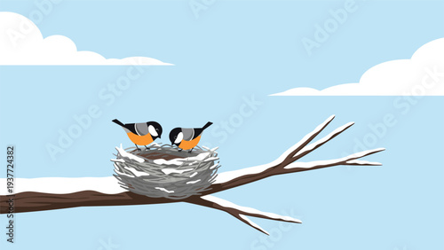 Two small birds sitting in a nest on a snow-covered tree branch against a clear blue sky with soft white winter clouds.