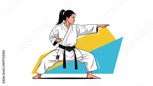 Athletic woman in a white karate gi and black belt performing a powerful martial arts stance against a geometric background.