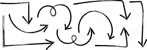 A black and white image displays several hand drawn looping arrows indicating directions and cyclical processes with simple lines high quality professional detailed