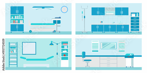 Illustrative hospital room interiors and medical equipment displayed neatly