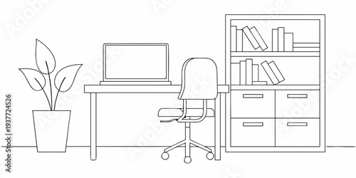 Minimalist line drawing of a home office workspace setup