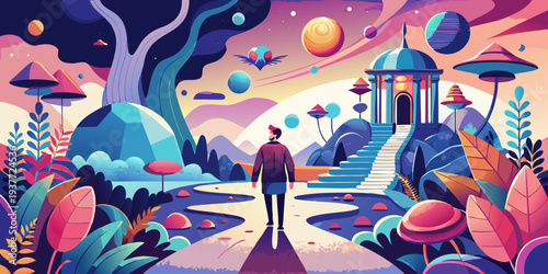 a man walking in time garden, illustration perspective surreal dreamland, idea for self-challenge concept and experience spiritual journey background, Generative