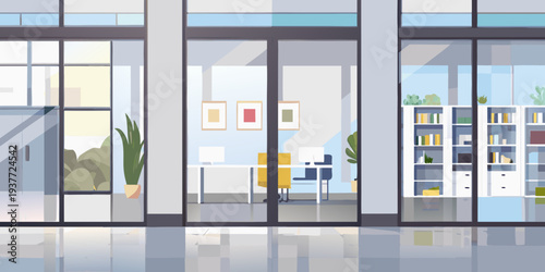 Modern office interior viewed through glass doors and a hallway