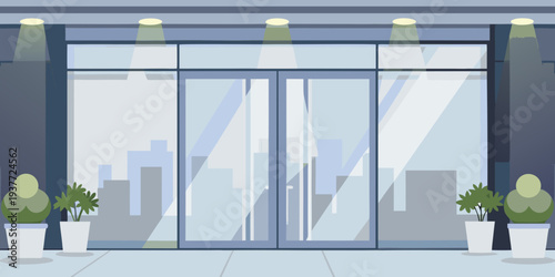Modern building facade with glass doors and illuminated entryway