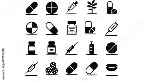 Drug icons set of black silhouette pharmaceutical symbols and illustrations