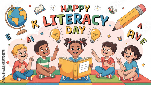 Children celebrating literacy day with books and learning tools diverse kids in colorful outfits sitting on educational mats with globe pencil and lightbulbs