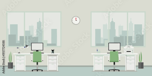 Minimalist office scene with two workstations and a city view