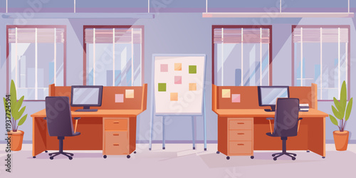 Modern office workspace with computers desks and a collaborative whiteboard