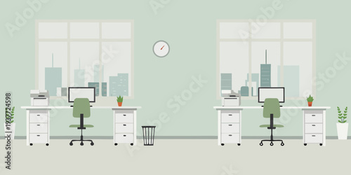 Minimalist office interior with two workstations and a city view