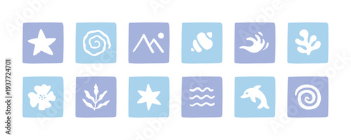 Summer set of hand-drawn wavy naive icons
