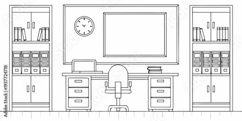 Line drawing of an office space with desk chair and bookshelves