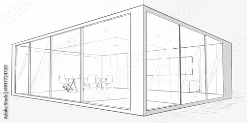 Architectural sketch of a modern glass walled conference room interior