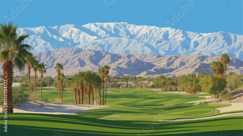 Golf course with palm trees and mountain range in background sunny day green grass clear blue sky desert landscape golfing recreation leisure outdoors