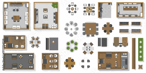 Top down view of various room layouts with furniture and decor elements