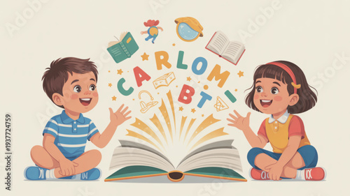 Two happy children sitting with an open book and colorful floating letters and objects