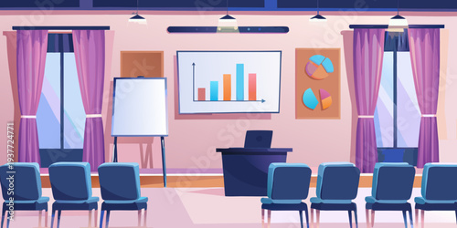 Conference room setup with presentation screen chairs and stage elements