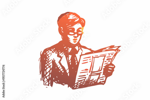A vintage illustration of a man intently reading a newspaper