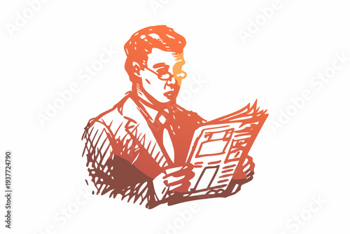 A stylized illustration of a man intently reading a newspaper