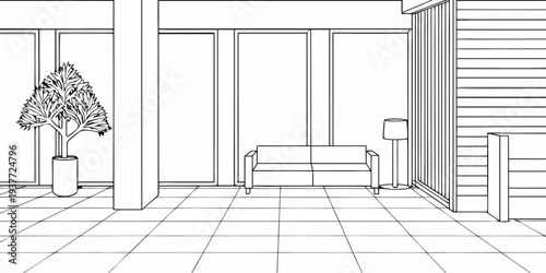 Minimalist interior with a sofa tree and large windows in black lines