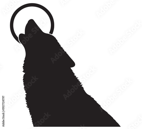 Powerful black silhouette of a lone wolf howling at the full moon, a primal expression of wilderness and nocturnal freedom, presented as a striking graphic