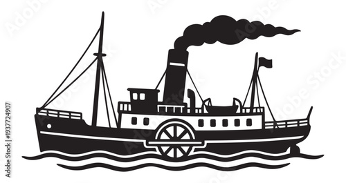 Vintage steamship illustration with prominent smokestack a striking Icon Silhouette vector black design on a white background