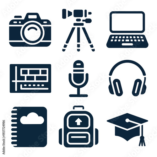 A collection of dark blue icons represents various digital creation and academic tools necessary for modern learning and production.