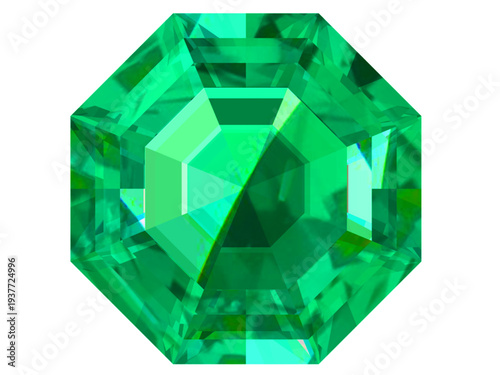 Brilliant Octagon-Cut Emerald Gem on Black Background, High-detail octagon-cut emerald gemstone render with vivid green facets and bright reflections, isolated on black for luxury designs.