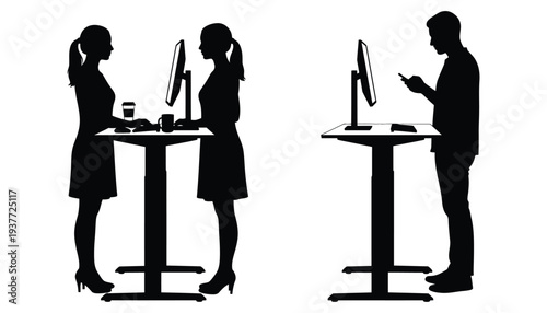 Standing desk silhouette illustration of people working at office workstation
